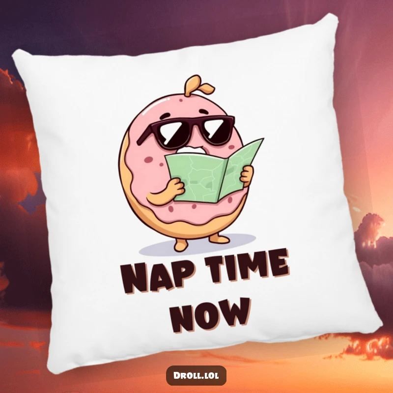 Funny donut wearing sunglasses reads a map on a soft pillow, a humorous and comforting decorative item for any room.