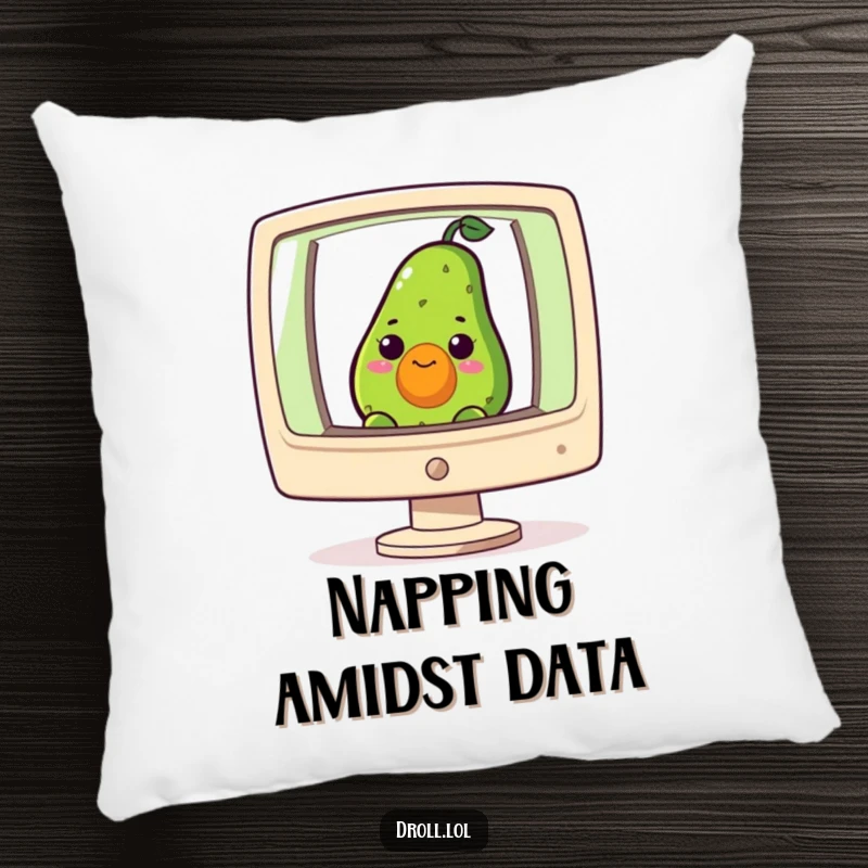 Funny pillow featuring a curious avocado peeking from a giant computer screen, offering plush comfort and tech humor.