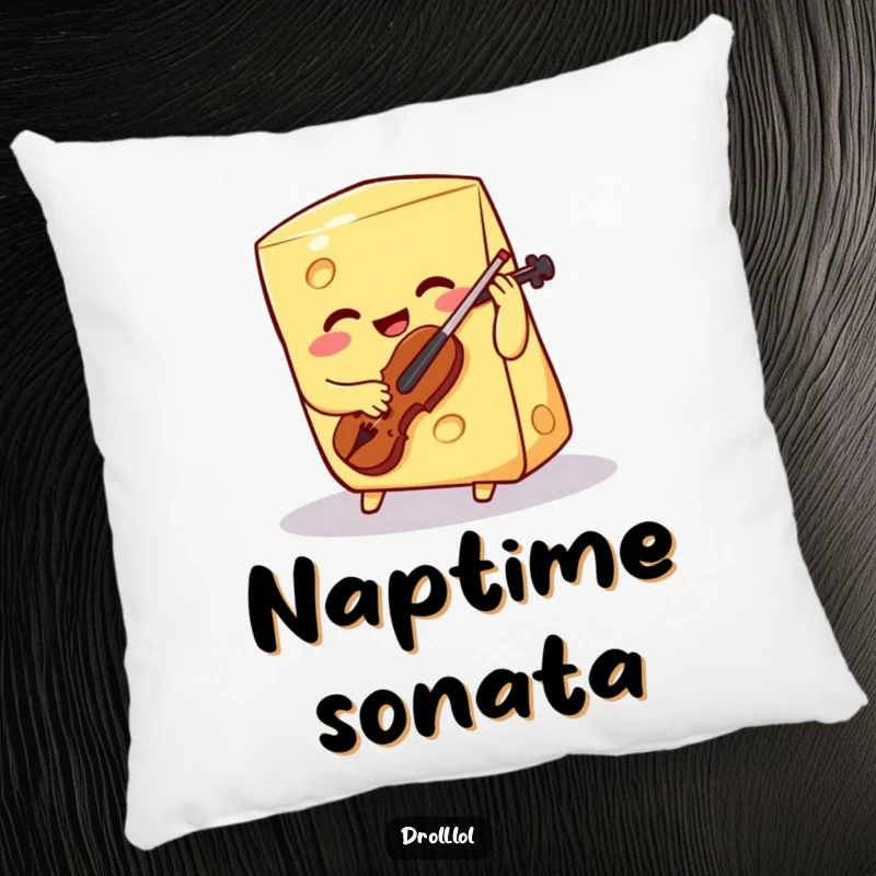 Funny smiling cheese wedge playing a tiny violin on a soft pillow, a humorous and comforting decorative item.