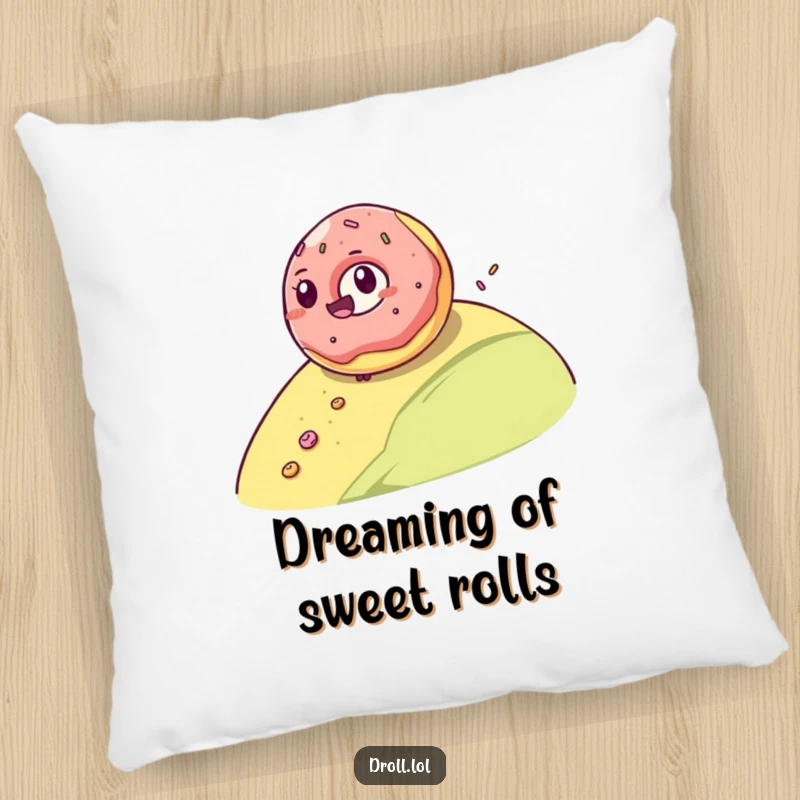 Funny pillow featuring a giggling jelly donut rolling down a hill, providing soft comfort and a sweet, humorous touch.