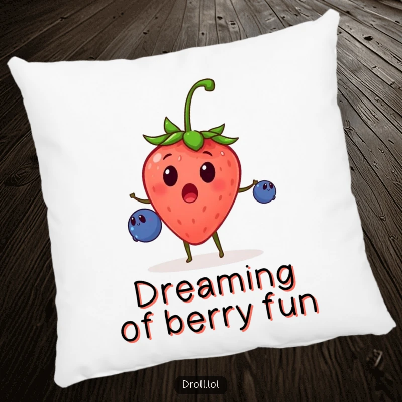 Funny pillow featuring a surprised strawberry juggling tiny blueberries, providing soft comfort and a humorous, whimsical feel.