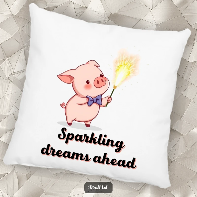 Funny throw pillow showing a piglet in a bow tie accidentally igniting a giant sparkler, adding festive humor to any room.