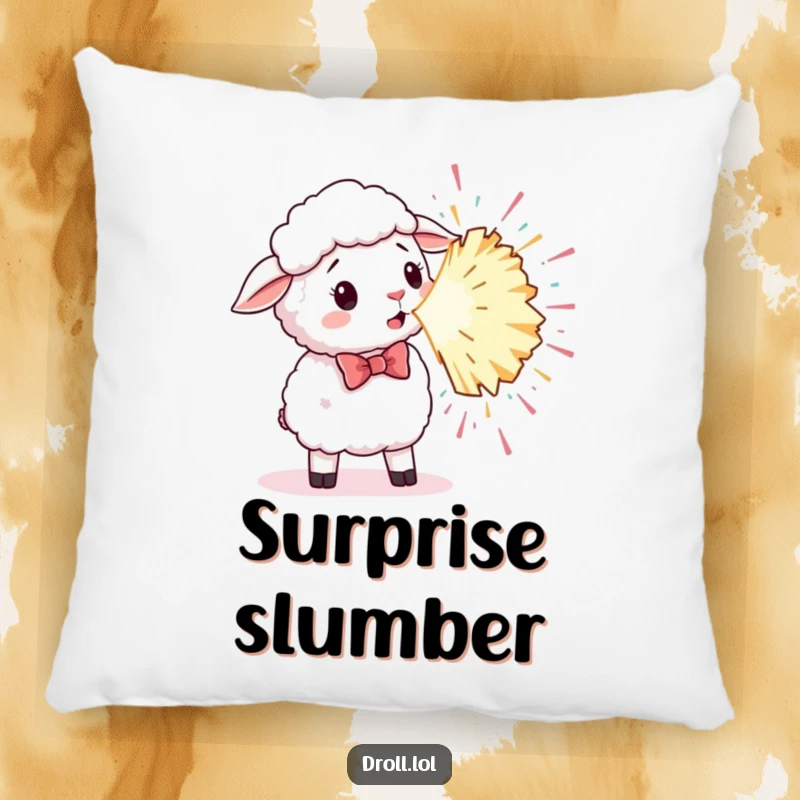 Funny pillow showcasing a sheep in a bowtie startled by a large, exploding party popper.