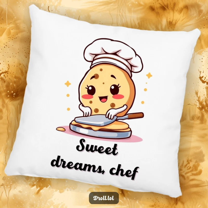 Funny pillow with a determined cookie chef flipping pancakes, bringing comfort and kitchen humor.