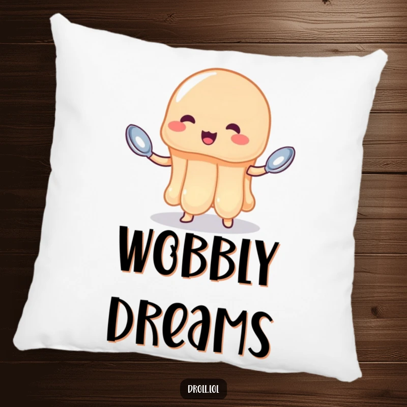 Funny jelly pillow with a wobbly jelly attempting to juggle spoons, offering sweet comfort and humorous charm.