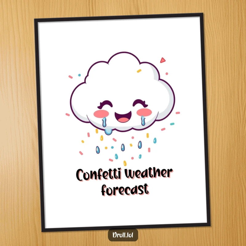 Funny digital art print of a smiling cloud joyfully shedding colorful confetti, ready for download.