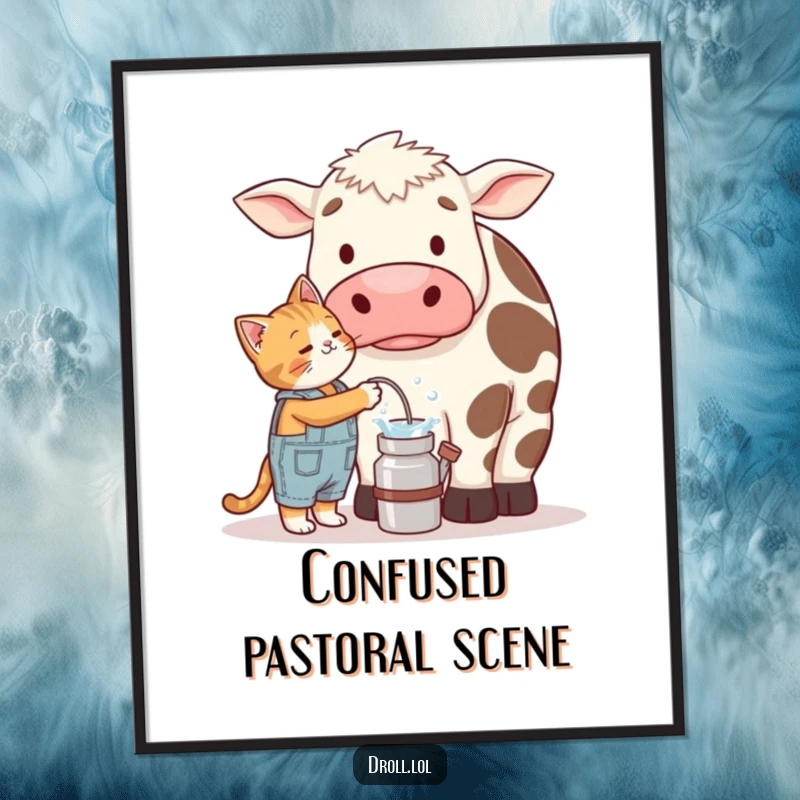 Funny digital art print of a cat in overalls attempting to milk a comically large, confused cow, embodying farm absurdity.