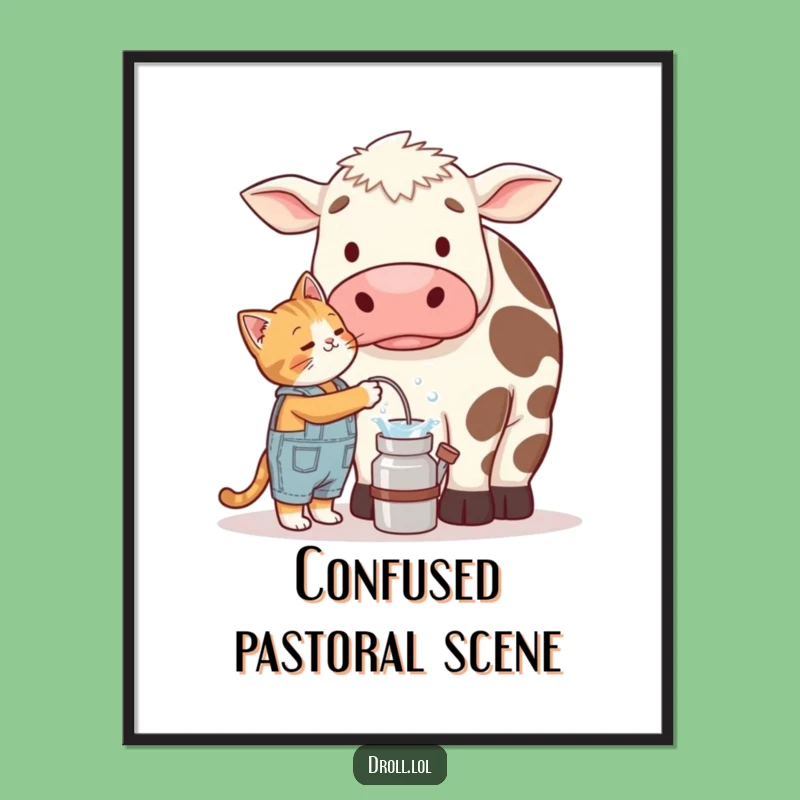 Funny Cat Milking Cow Digital Art Print - Hilarious Farm Decor Gift!