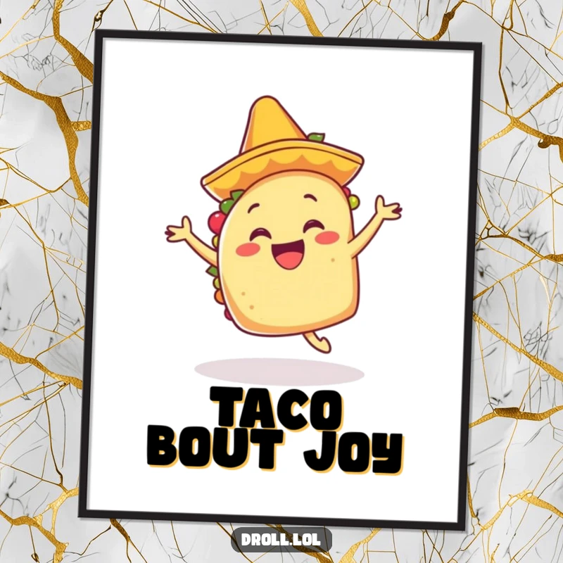 Funny happy taco wearing a tiny mariachi hat, dancing energetically, available as downloadable digital art.