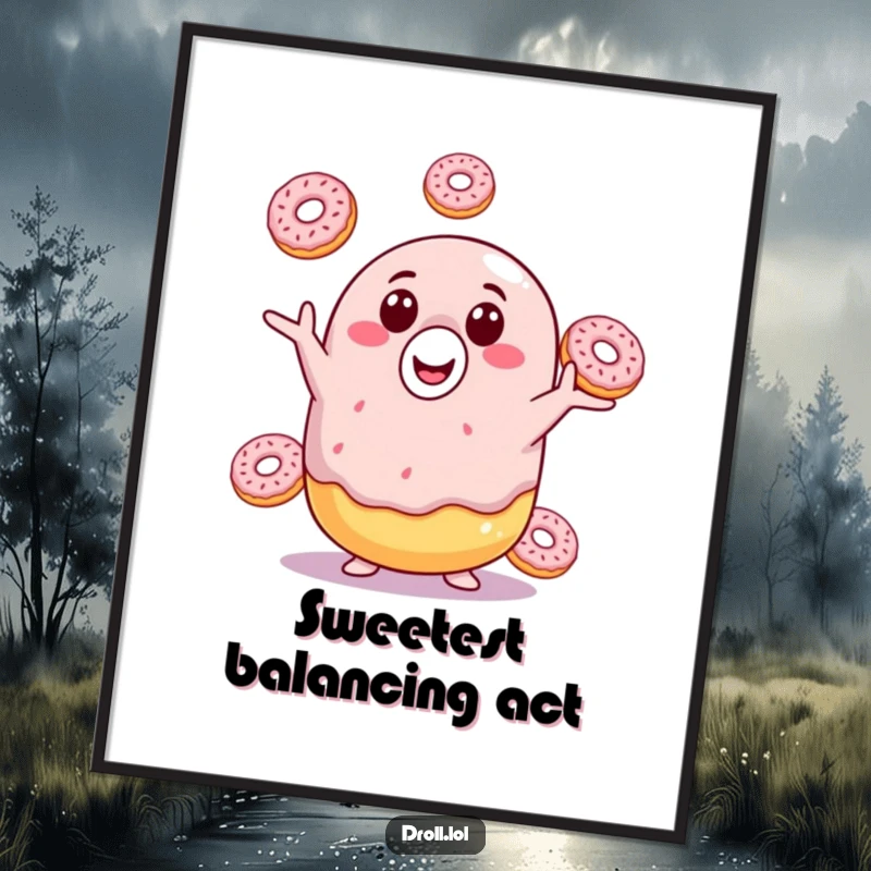 Funny donut digital art print of a smiling donut juggling donuts, a downloadable piece of playful artwork for instant wall decor.