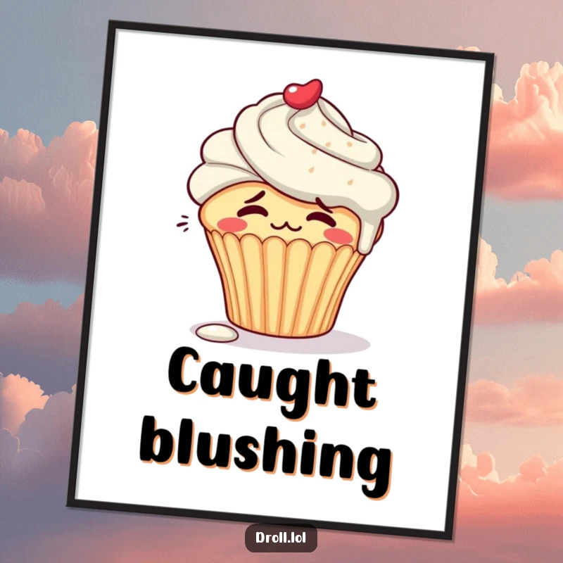 Funny embarrassed cupcake character blushing with frosting dripping down its side in a digital art print.