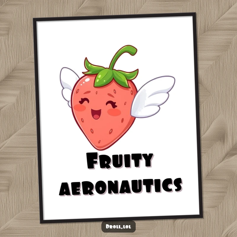 Funny digital art print of a delighted strawberry with tiny wings, looking excited to fly, perfect for printing.