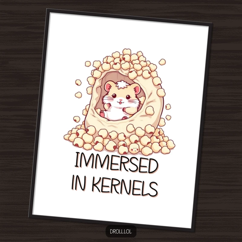 Funny digital art print of a happy hamster rolling in a massive, overflowing bag of popcorn kernels, embodying ultimate snack joy.