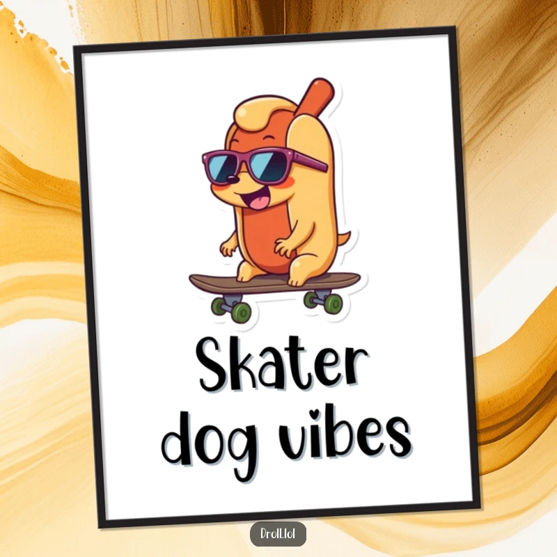 Funny happy, wiggling hot dog wearing sunglasses, cooly riding a skateboard, ready for digital download as wall art.