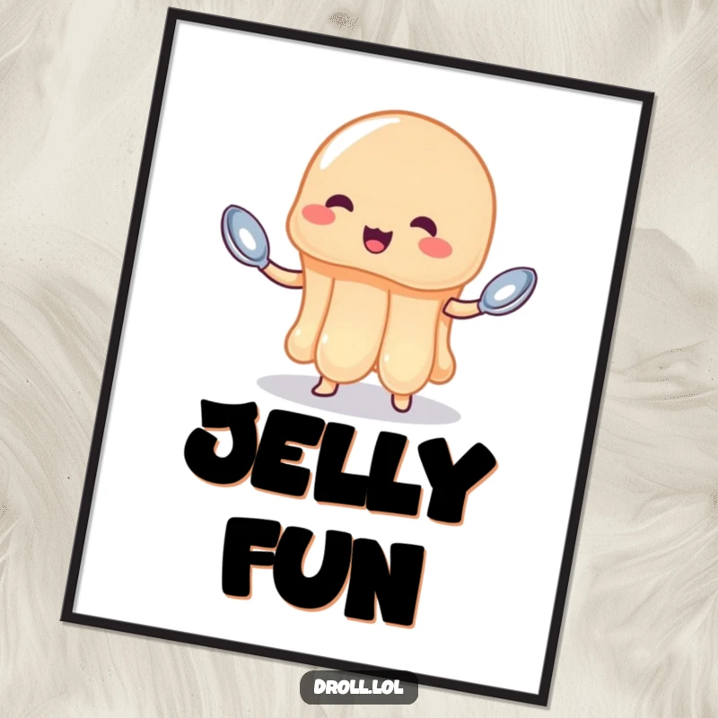 Funny jelly digital art print of a wobbly jelly attempting to juggle three tiny spoons, evoking delightful chaos.