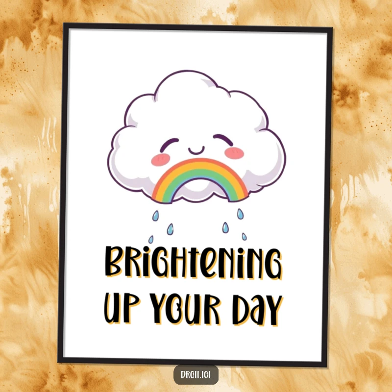 Funny digital art print of a fluffy cloud crying tears of joy, creating a small rainbow, a whimsical and uplifting visual.