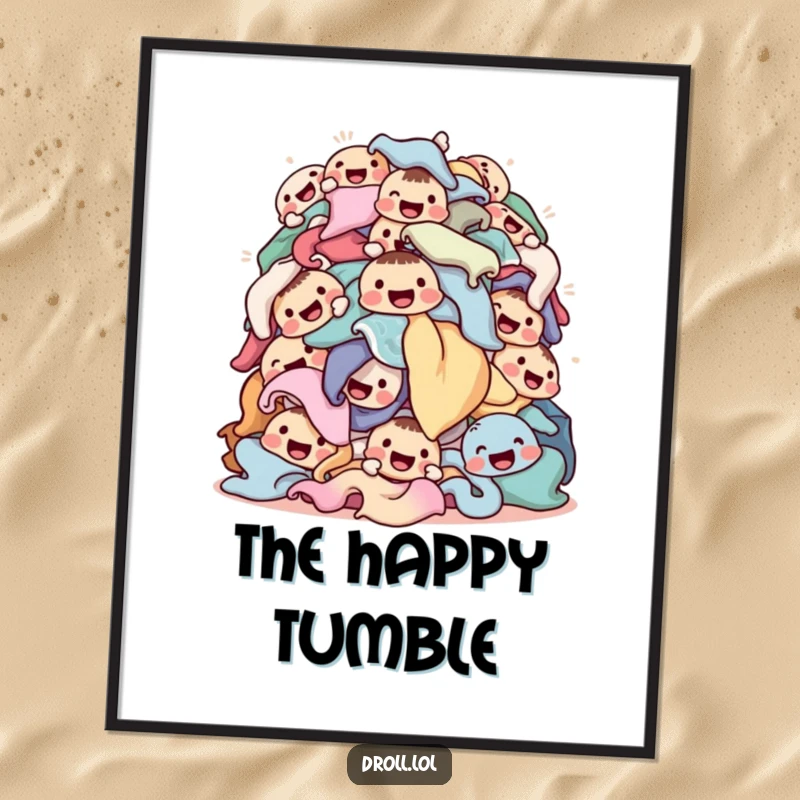 Funny joyous pile of laundry tumbling with happy faces digital art print, ready for instant download and framing, adding cheerful charm.