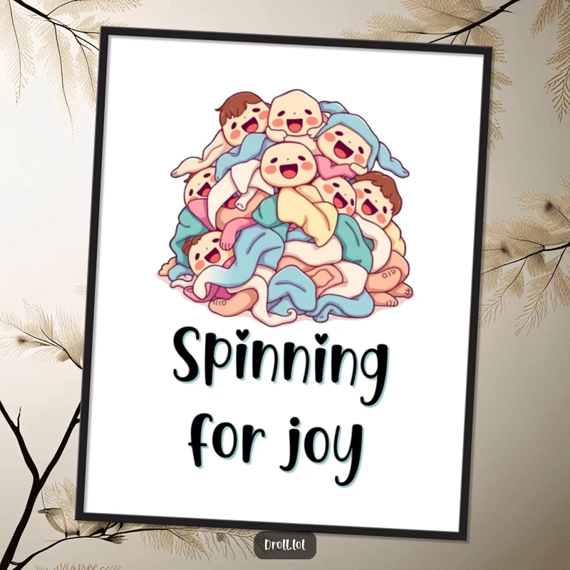 Funny laundry pile digital art print of a pile of clean clothes with happy faces, tumbling joyfully.