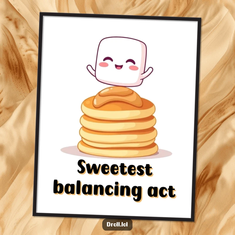 Funny digital art print of a giggling marshmallow character balancing on pancakes, perfect for sweet decor.