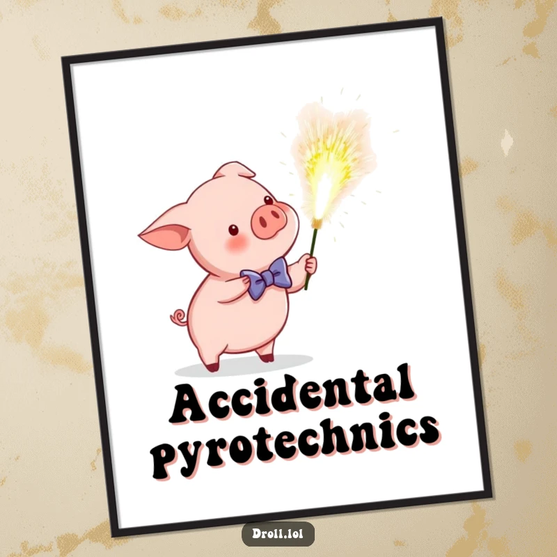 Funny digital art print of a piglet in a bow tie accidentally igniting a massive sparkler, creating a dazzling, humorous spectacle.