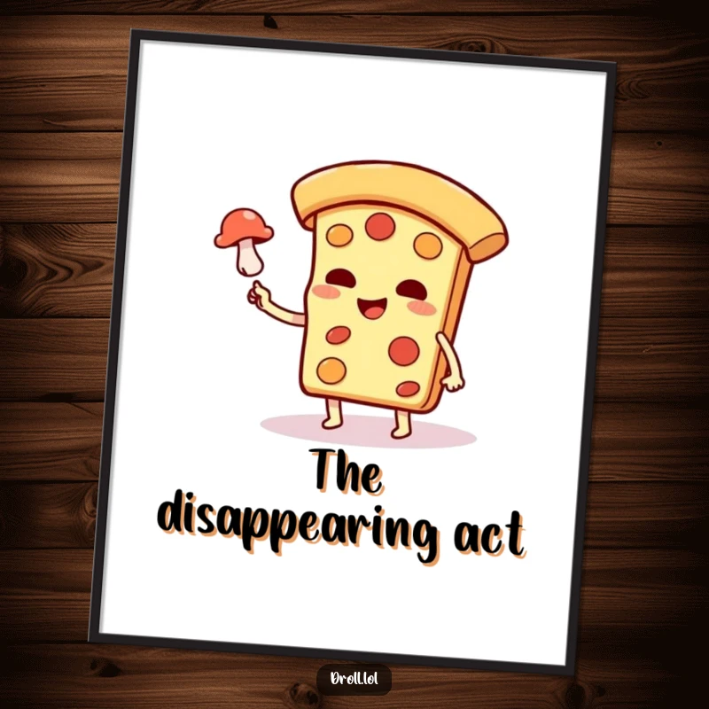 Funny smug pizza slice character levitating a mushroom in a digital art print, full of magical humor.