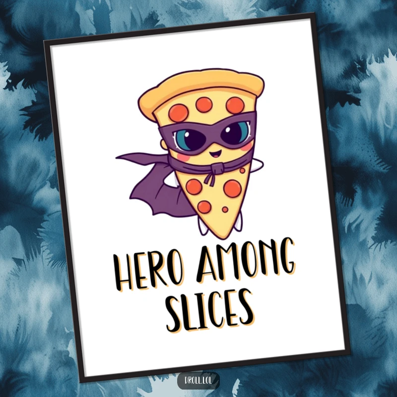 Funny slice of pizza wearing a superhero cape and mask, striking a heroic pose, available as digital art.
