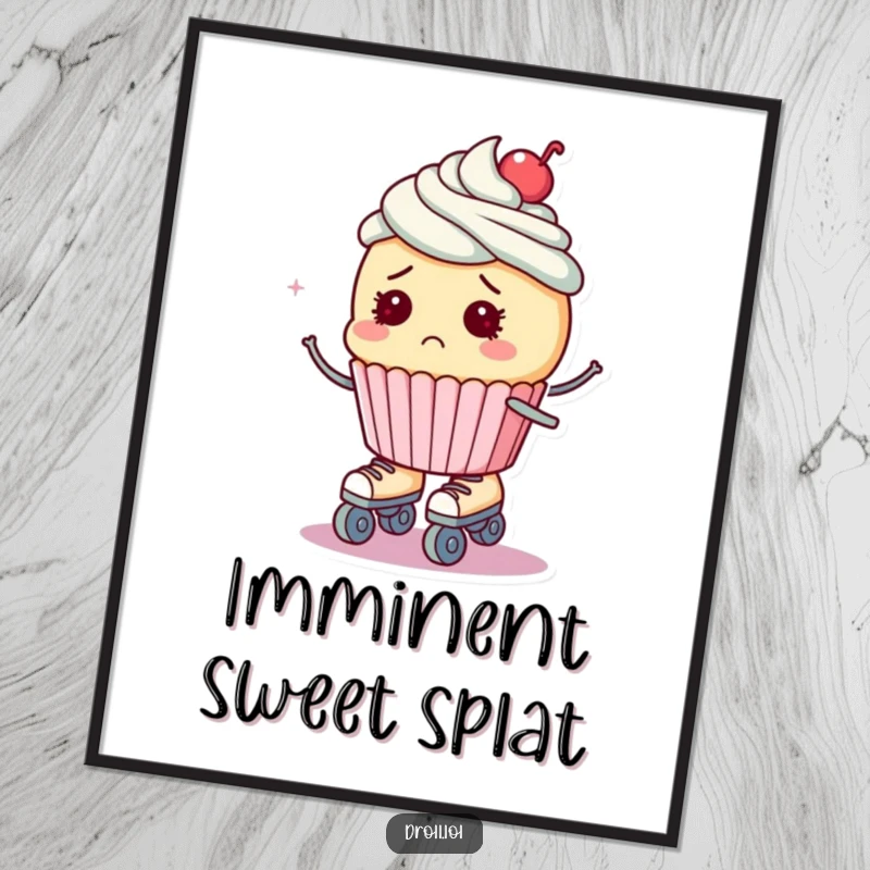 Funny digital art print of a bewildered cupcake on roller skates, about to fall, perfect for printing.