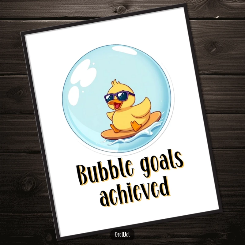 Funny rubber duck wearing sunglasses surfs a giant bubble, a humorous digital art print for instant wall decor.