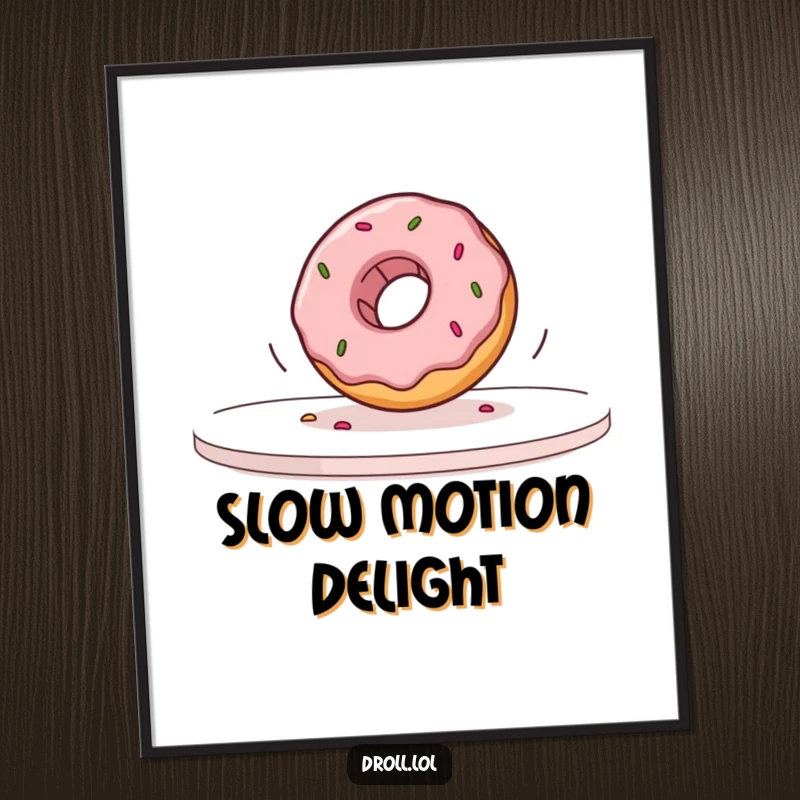 Funny donut rolling off a table in slow motion, high-resolution digital art print, ideal for humorous and sweet wall decor.