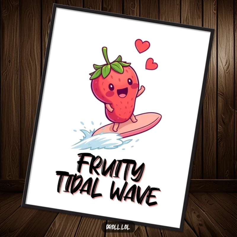 Funny digital art: a delighted strawberry surfs a runaway blueberry, capturing a hilarious and dynamic fruit adventure for instant joy.