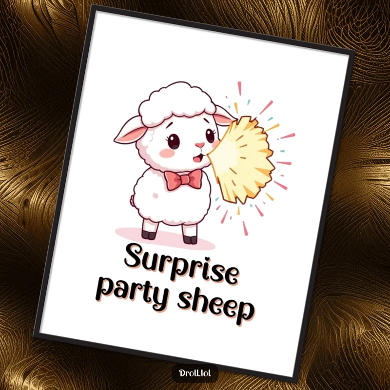 Funny digital art print of a sheep in a bowtie surprised by a giant, exploding party popper.