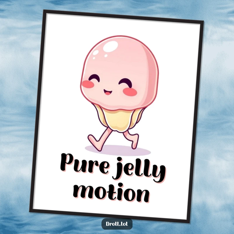Funny digital art print of a wobbly jelly character trying to walk with a hilariously uncontrolled wiggle, perfect for wall decor.