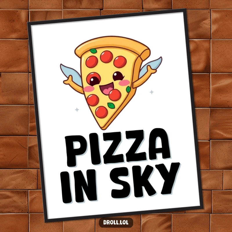 Funny happy pizza slice with pepperoni wings airborne as a digital art print, offering instant humorous and appetizing wall decor.