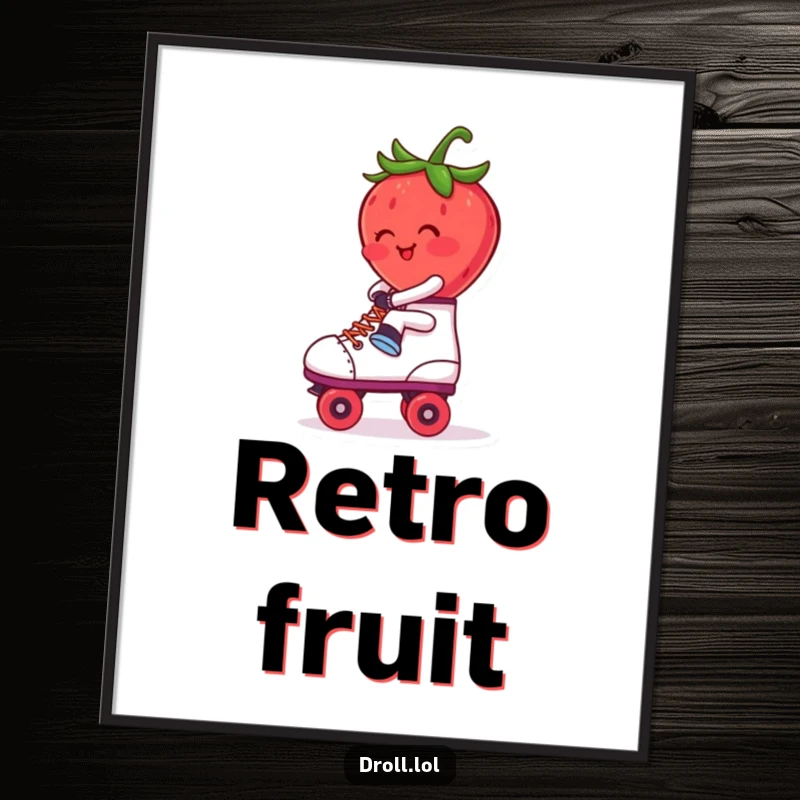 Funny Digital Art Print: A blushing strawberry comically riding a roller skate backwards. Whimsical retro art.
