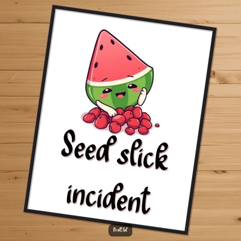 Funny watermelon slice character comically slipping on its seeds, printable digital art for instant, humorous summer wall decor.