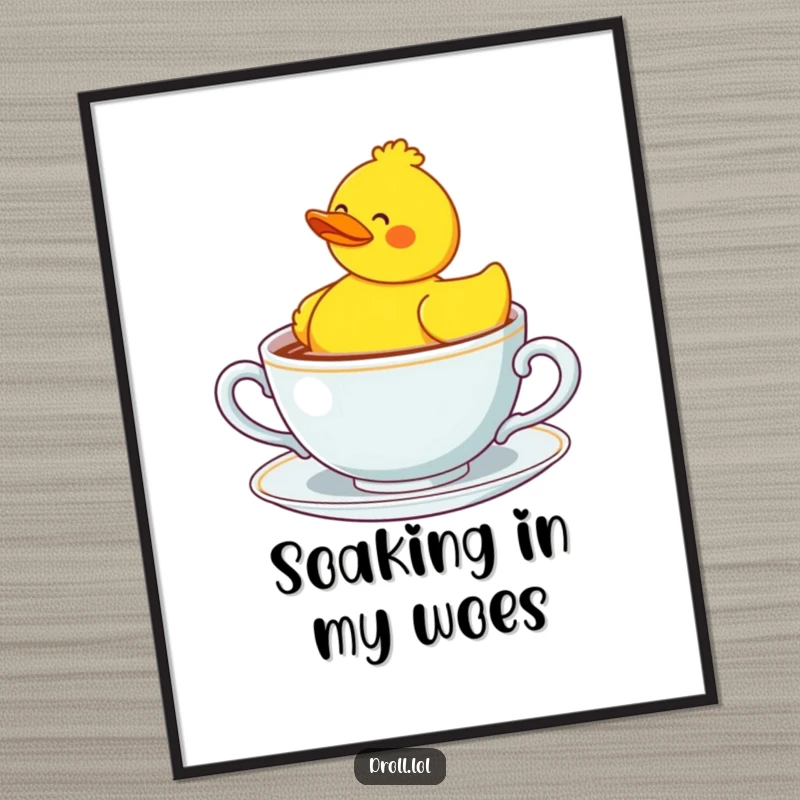 Funny confused rubber duck bobbing in a giant teacup, humorous digital art for immediate download.