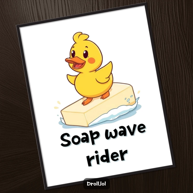 Funny determined rubber duck surfing a giant bar of soap as a digital art print, offering instant humorous wall decor.