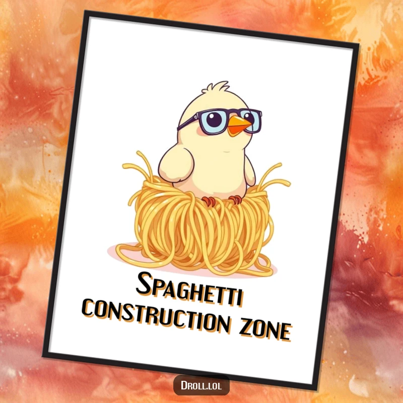 Funny digital art print of a bird with glasses humorously trying to build a nest out of giant spaghetti.