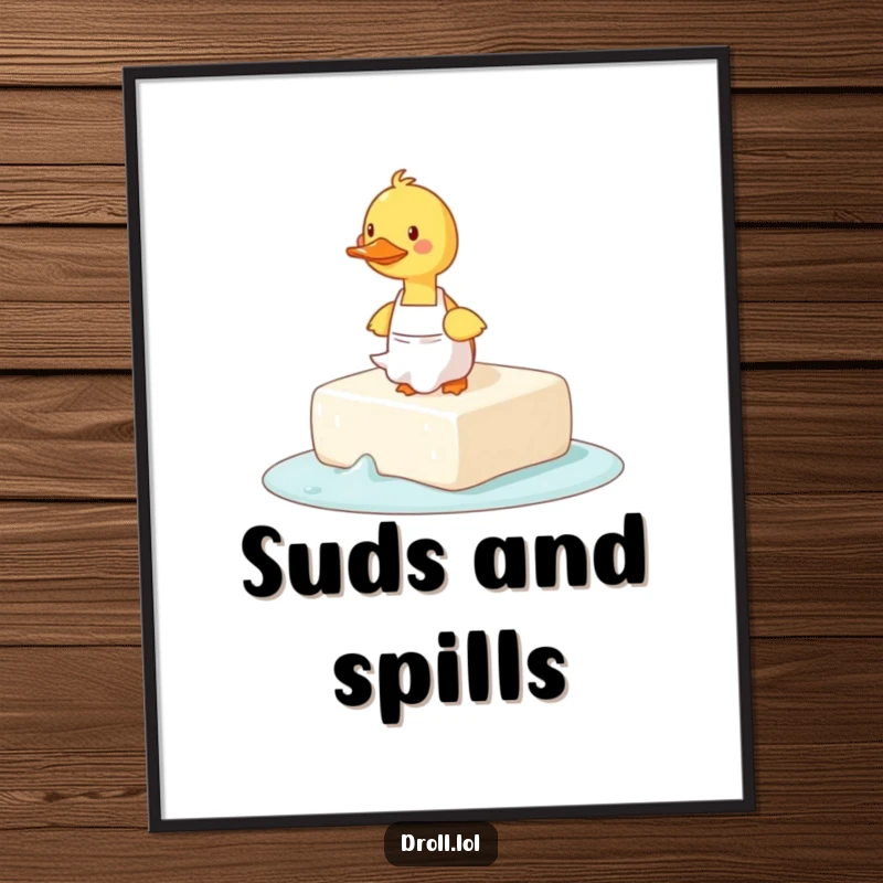 Funny digital art print of a duck in an apron comically tripping over a giant, slippery bar of soap.