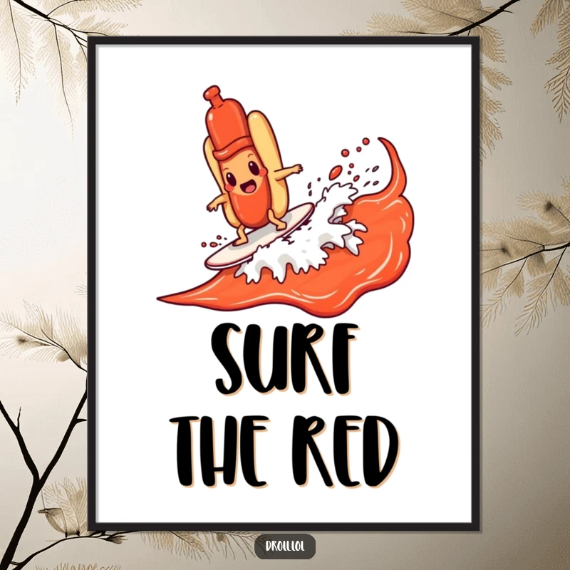 Funny hot dog character bravely surfing a rogue ketchup wave, printable digital art for humorous and eye-catching wall decor.