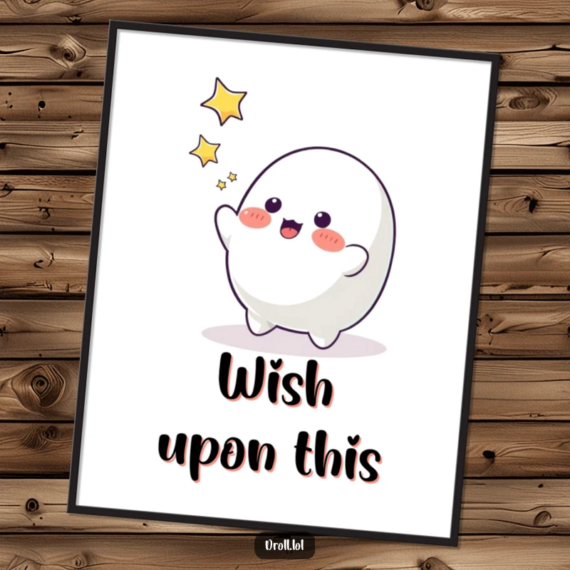 Funny playful blob character reaching for bright falling stars, humorous digital art for instant decor.