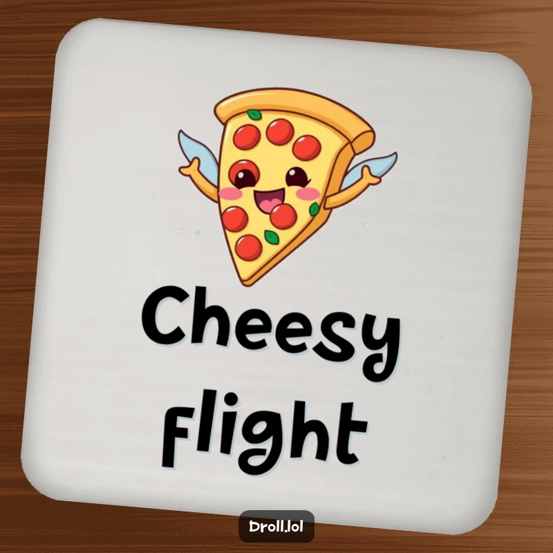 Funny happy pizza slice with pepperoni wings on a drink coaster, a humorous and protective accessory for pizza lovers.