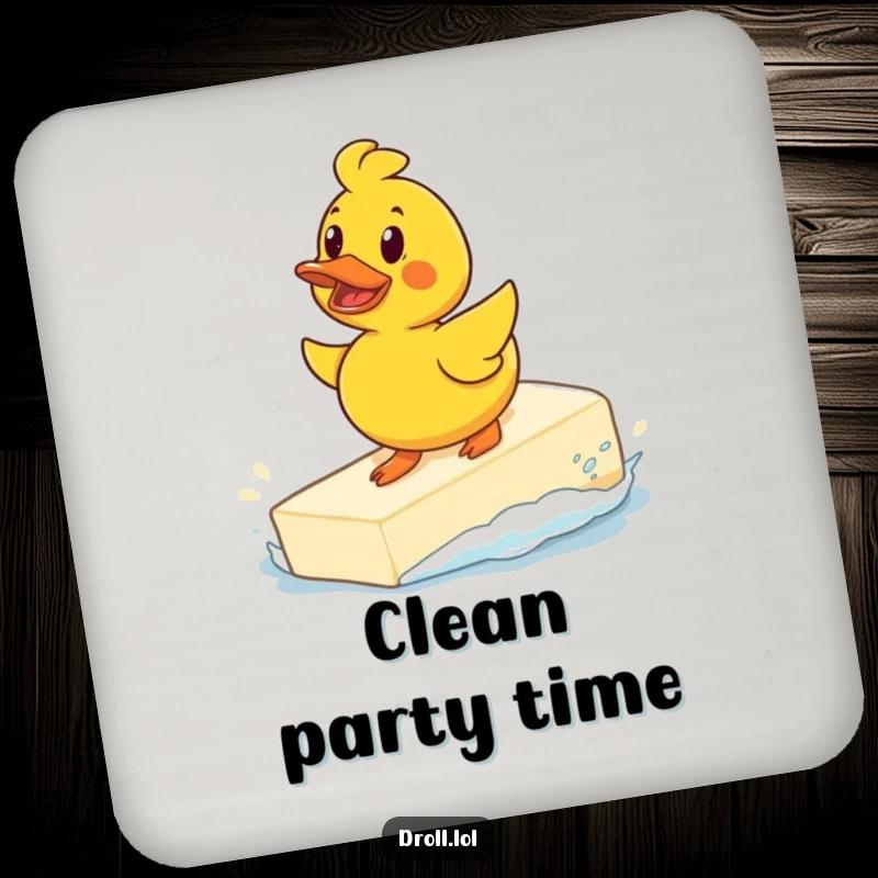 Funny determined rubber duck surfing a giant bar of soap on a drink coaster, a humorous and protective accessory for beverages.