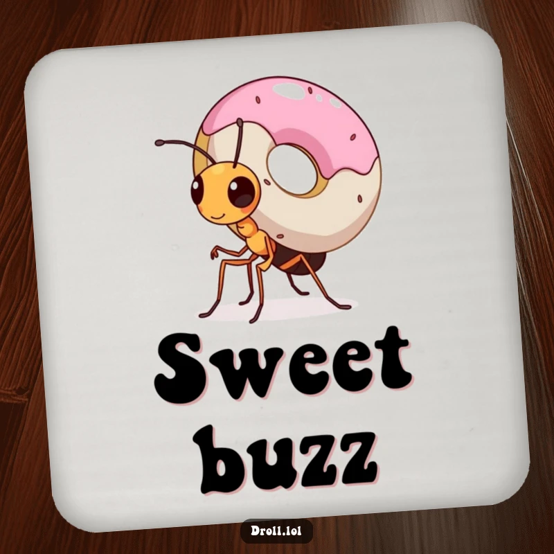 Funny coaster displaying a tiny, determined ant struggling to carry a giant donut, a charming symbol of great effort.