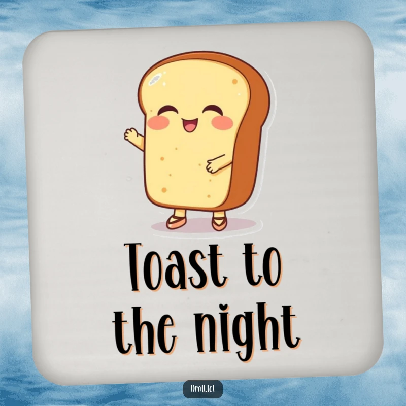 Funny giggling bread loaf in tiny ballet shoes, dancing gracefully, featured on whimsical drink coasters.