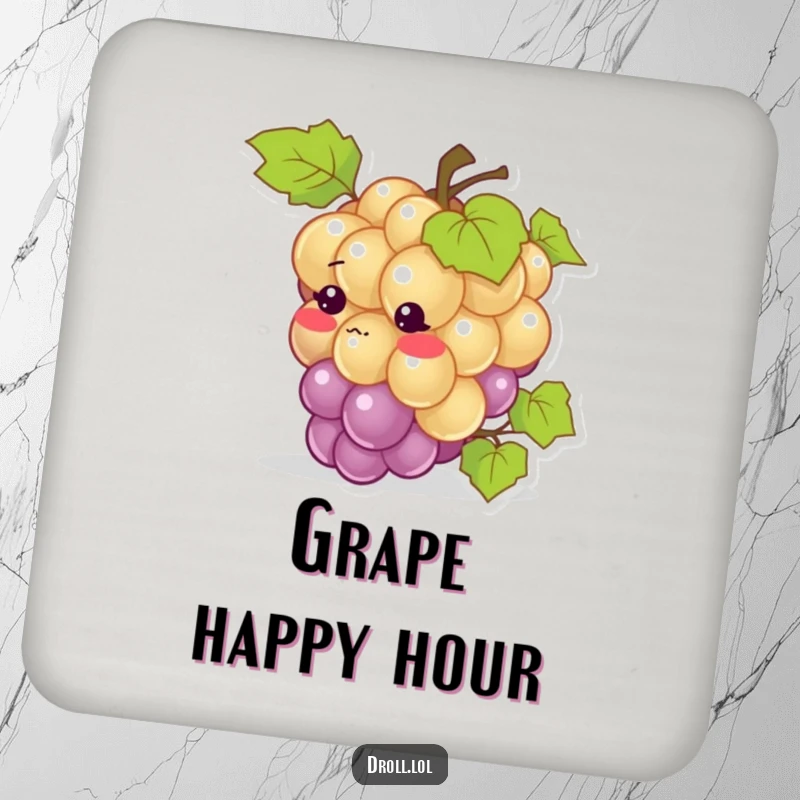Funny coaster: A grape blushing intensely after tripping over its vine, providing humorous protection with adorable charm.