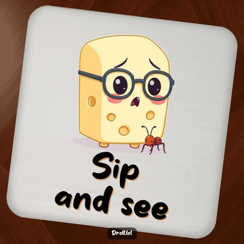 Funny cheese character wearing spectacles, observing an ant, designed on a drink coaster for a humorous touch to any surface.