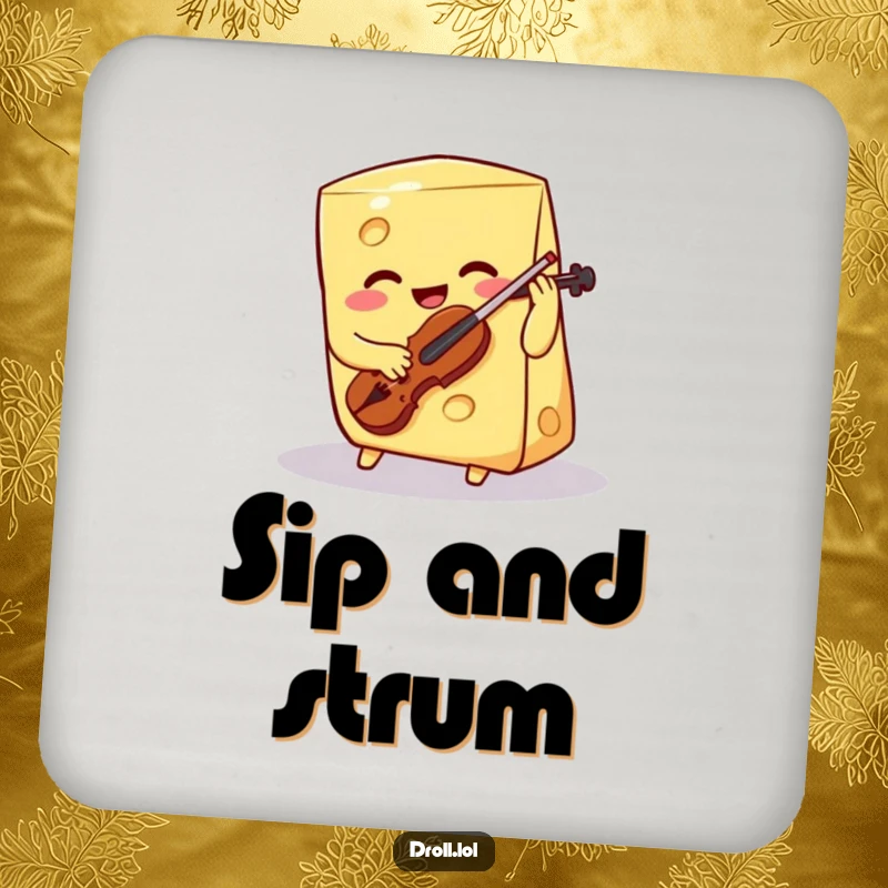 Funny smiling cheese wedge playing a tiny violin on a drink coaster, a humorous and protective accessory for beverages.