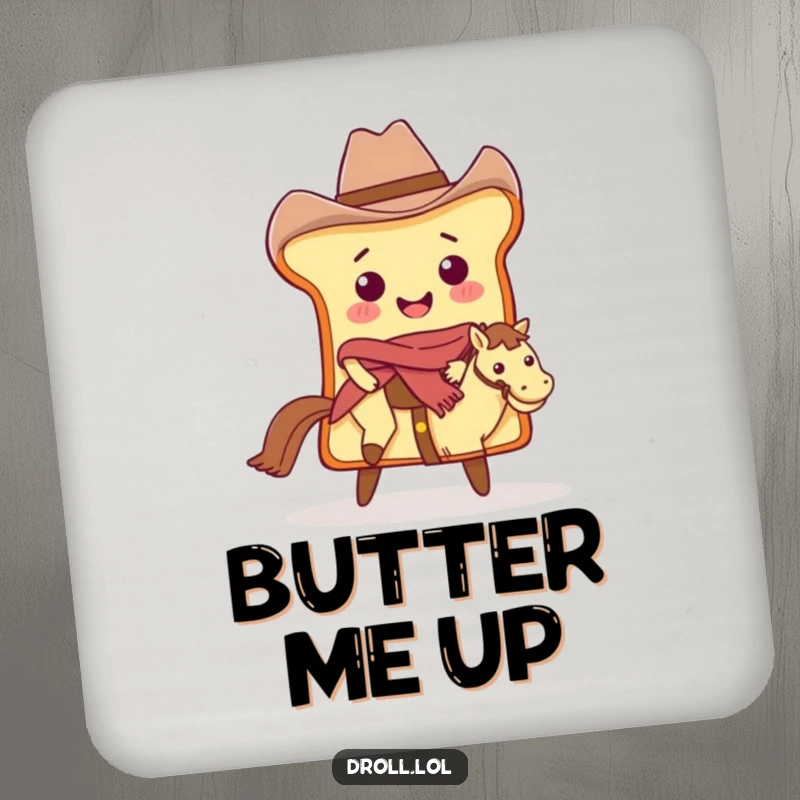 Funny Cowboy Bread Drink Coaster: A bread slice cowboy riding a butter pat, protecting tables with humor.