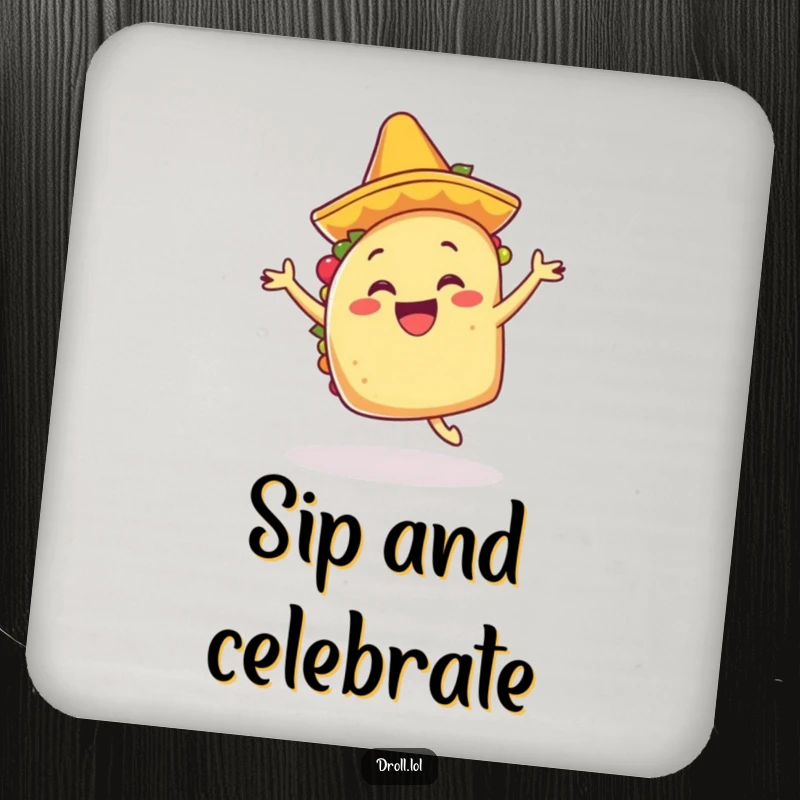 Funny happy taco in a tiny mariachi hat, dancing with excitement, featured on festive drink coasters.